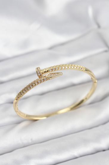 Pirinç Gold Renk Zirkon Taşlı Çivi Model Kadın Kelepçe Bileklik