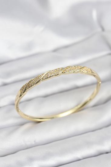 Pirinç Gold Renk Zirkon Taşlı Model Kadın Kelepçe Bileklik