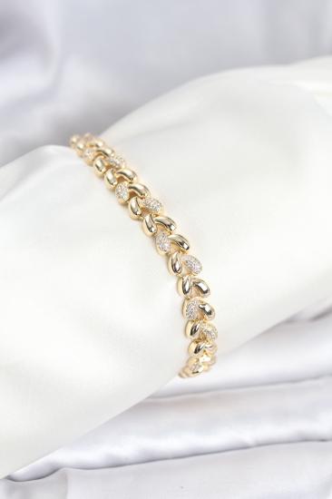 Pirinç Gold Renk VIP Seri Sarmal Damla Model Zirkon Taşlı Kadın Bileklik