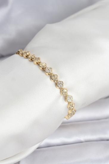 Pirinç Gold Renk VIP Seri Sıralı Yonca Model Zirkon Taşlı Kadın Bileklik