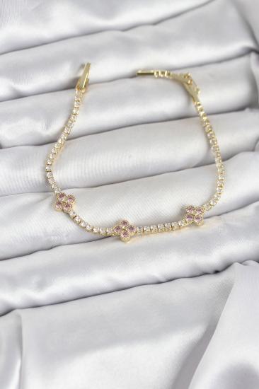 Pembe Yonca Detaylı Zirkon Taşlı Gold Renk Pirinç Su Yolu Kadın Bileklik