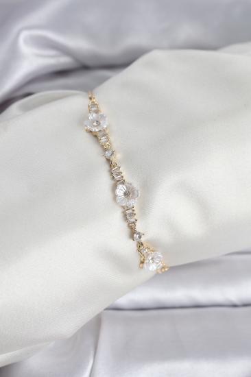 Baget Zirkon Taşlı Çiçek Model Gold Renk Asansörlü Kadın Bileklik