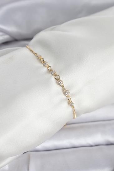 Gold Renk Zincir Model Zirkon Taşlı Pirinç Asansörlü Kadın Bileklik