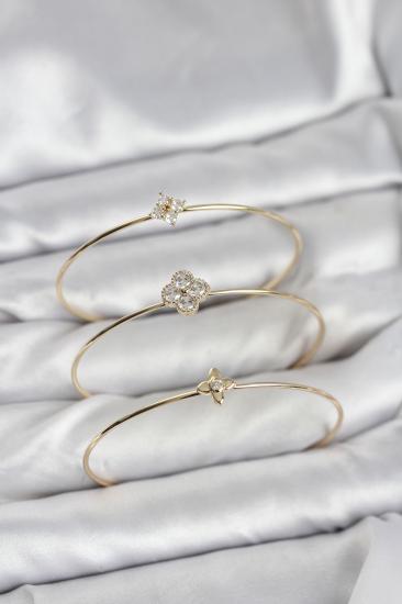 Zirkon Taşlı Gold Renk Yonca Tasarım 3’lü Kadın Bileklik Kombini
