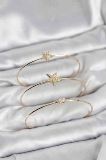 Gold Renk Zirkon Taşlı Deniz Yıldızı Model 3’lü Kadın Bileklik Kombini