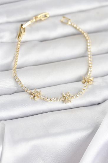 Pirinç Gold Renk Çiçek Model Zirkon Taşlı Su Yolu Kadın Bileklik