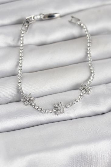 Pirinç Gümüş Renk Çiçek Model Zirkon Taşlı Su Yolu Kadın Bileklik