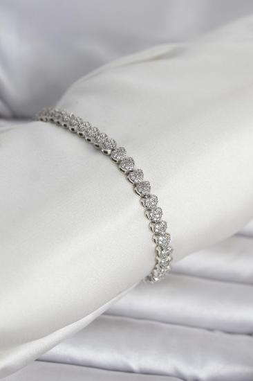 Pirinç Gümüş Renk Kalp Model Sıralı Zirkon Taşlı Kadın Bileklik