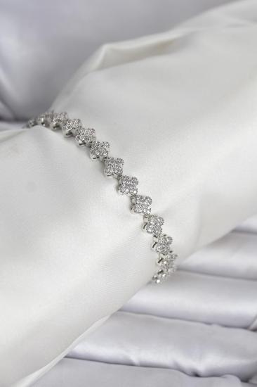 Pirinç Gümüş Renk Yonca Model Sıralı Zirkon Taşlı Kadın Bileklik