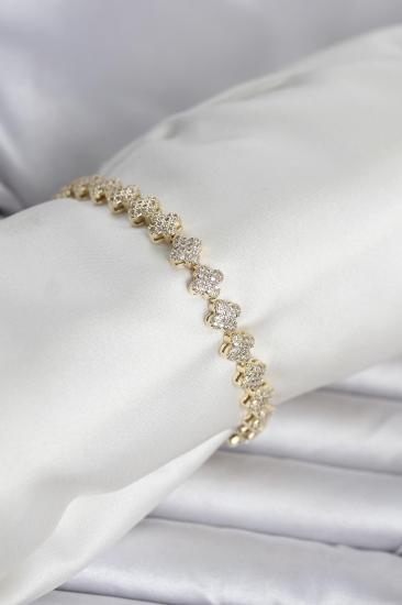 Pirinç Gold Renk Yonca Model Sıralı Zirkon Taşlı Kadın Bileklik