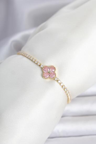 Pirinç Gold Renk Pembe Zirkon Taşlı Yonca Model Su Yolu Kadın Bileklik