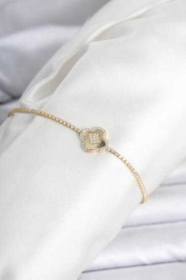 Pirinç Gold Renk Zirkon Taşlı Yonca Model Su Yolu Kadın Bileklik