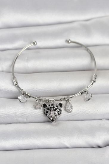 Pirinç Gümüş Renk Leopar Detaylı Charmlı Kadın Bileklik