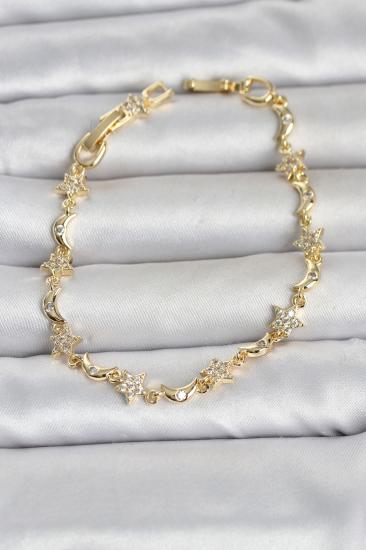 Pirinç Gold Renk Zirkon Taşlı Ay ve Yıldız Model Kadın Bileklik