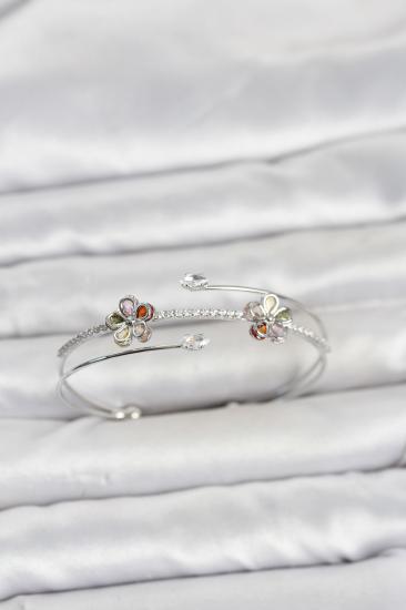 Gümüş Renk Pirinç Zirkon Taşlı Çiçek Model Kadın Bileklik