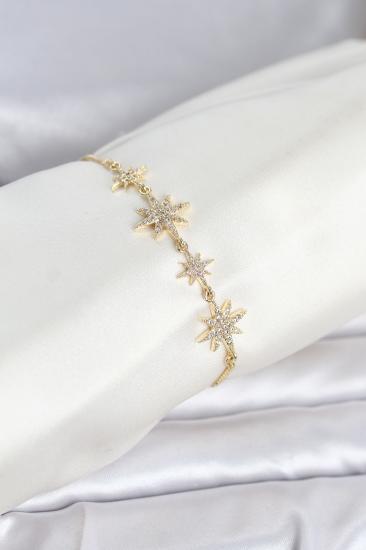 Gold Renk Pirinç Zirkon Taşlı Kutup Yıldızı Model Asansörlü Kadın Bileklik