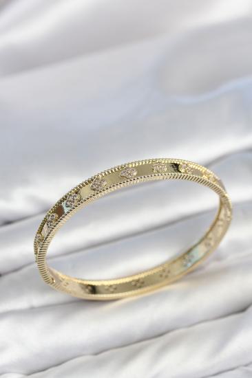 Gold Renk Pirinç Yonca Model Zirkon Taşlı Kadın Kelepçe Bileklik