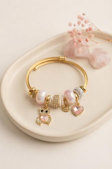 Tedy Bear Model Gold Renk Pembe Charmlı Bileklik