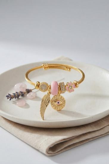 Pembe Göz Model Gold Renk Charmlı Bileklik