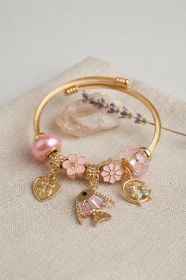 Balık Charmlı Pembe Renk Gold Bileklik