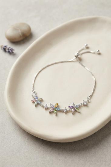 Pirinç Gümüş Renk Çiçekli Model Zirkon Taşlı Asansörlü Bileklik