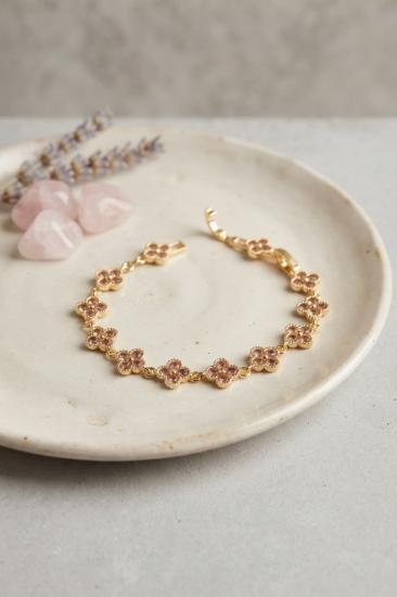 Gold Renk Pembe Zirkon Taşlı Yonca Model Kadın Bileklik