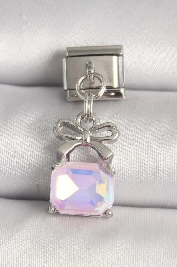 316L Çelik Gümüş Renk Pembe Zirkon Taşlı Çanta Model Nomination Charm