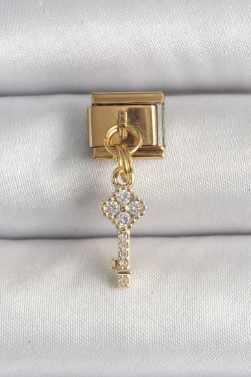 316L Çelik Gold Renk Sallantı Zirkon Taşlı Anahtar Model Nomination Charm