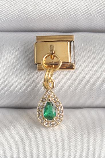 316L Çelik Gold Renk Sallantı Damla Yeşil Zirkon Taşlı Nomination Charm