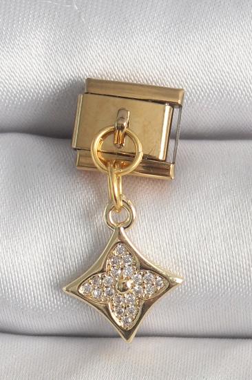 316L Çelik Gold Renk Sallantı Zirkon Taşlı Çiçek İşlemeli Nomination Charm