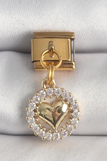 316L Çelik Gold Renk Sallantı Zirkon Taşlı Kalp Model Nomination Charm