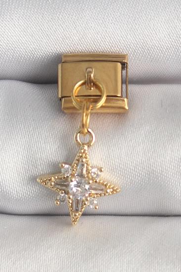 316L Çelik Gold Renk Sallantı Zirkon Taşlı Kutup Yıldız Model Nomination Charm