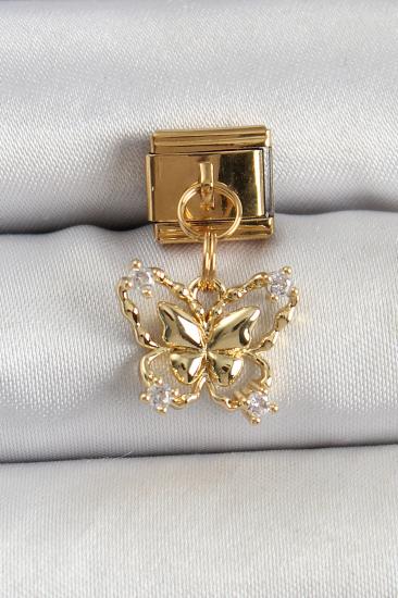 316L Çelik Sallantılı Zirkon Taşlı Kelebek Model Gold Renk Nomination Charm