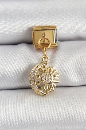 316L Çelik Sallantılı Zirkon Taşlı Ay Ve Güneş Model Gold Renk Nomination Charm