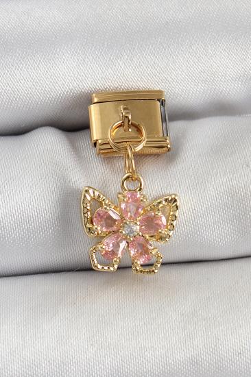 316L Çelik Sallantılı Zirkon Taşlı Çiçek Figürlü Kelebek Model Gold Renk Nomination Charm