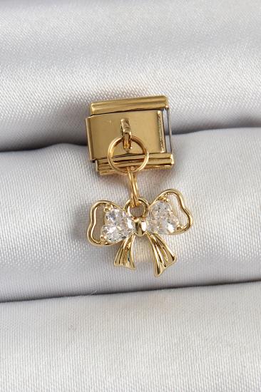 316L Çelik Sallantılı Zirkon Taşlı Fiyonk Model Gold Renk Nomination Charm