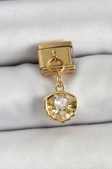 316L Çelik Sallantılı Zirkon Taşlı İstiridye Model Gold Renk Nomination Charm
