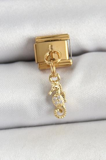 316L Çelik Sallantılı Zirkon Taşlı Deniz Atı Model Gold Renk Nomination Charm