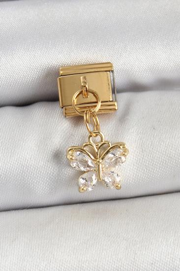316L Çelik Sallantılı Zirkon Taşlı Kelebek Model Gold Renk Nomination Charm
