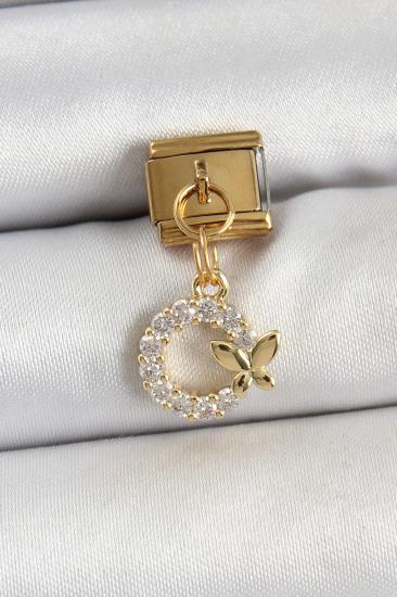 316L Çelik Sallantılı Zirkon Taşlı Kelebek Detaylı Halka Model Gold Renk Nomination Charm