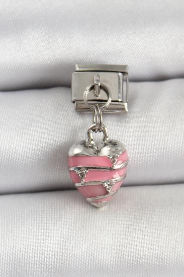 316L Çelik Gümüş Renk Pembe Kalp Model Nomination Charm