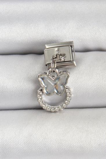 316L Çelik Gümüş Renk Taşlı Kelebek Model Nomination Charm