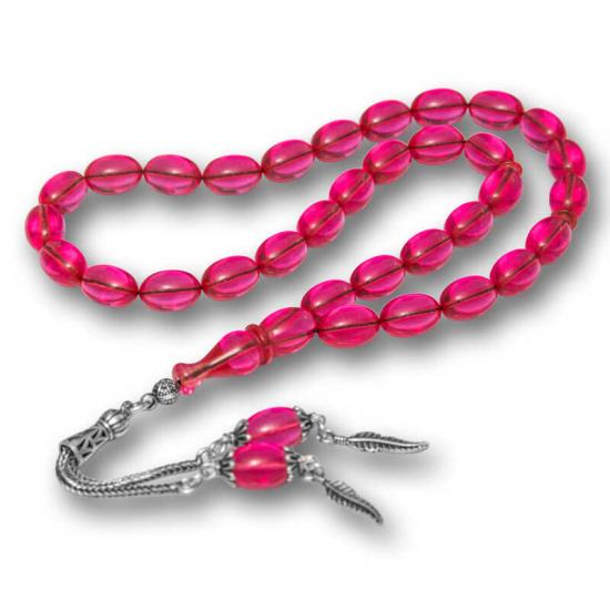Gümüş Püsküllü Pembe Ateş Kehribar Tesbih