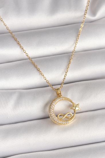 316L Çelik Gold Renk Zincir Zirkon Taşlı Ay Yıldız Model Sonsuzluk Detay Kadın Kolye