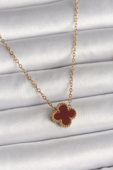 316L Çelik Gold Renk Bordo Yonca Model Kadın Kolye