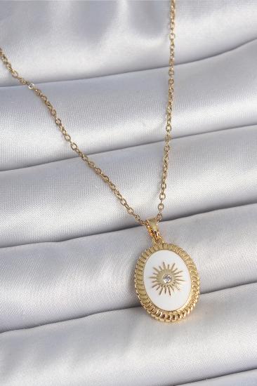 316L Çelik Gold Renk Zincir Beyaz Mineli Güneş İşlemeli Zirkon Taş Detaylı Madalyon Model Kadın Kolye