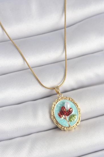 316L Çelik Gold Renk Zincir Turkuaz Mineli İncili Çiçek İşlemeli Portre Model Kadın Kolye