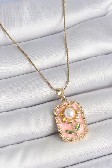 316L Çelik Gold Renk Zincir Pembe Mineli İncli Papatya Model Portre Model Kadın Kolye