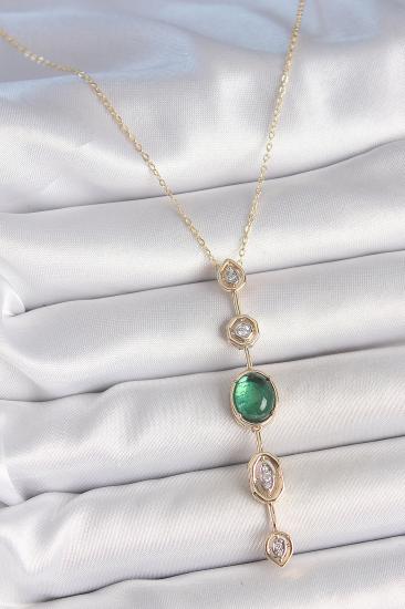 Pirinç Zincir Zümrüt Yeşil Gold Renk Zirkon Taşlı Y Kolye