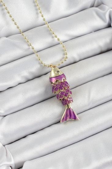 Pirinç Mor Balık Model Zirkon Taşlı Gold Renk Kadın Kolye